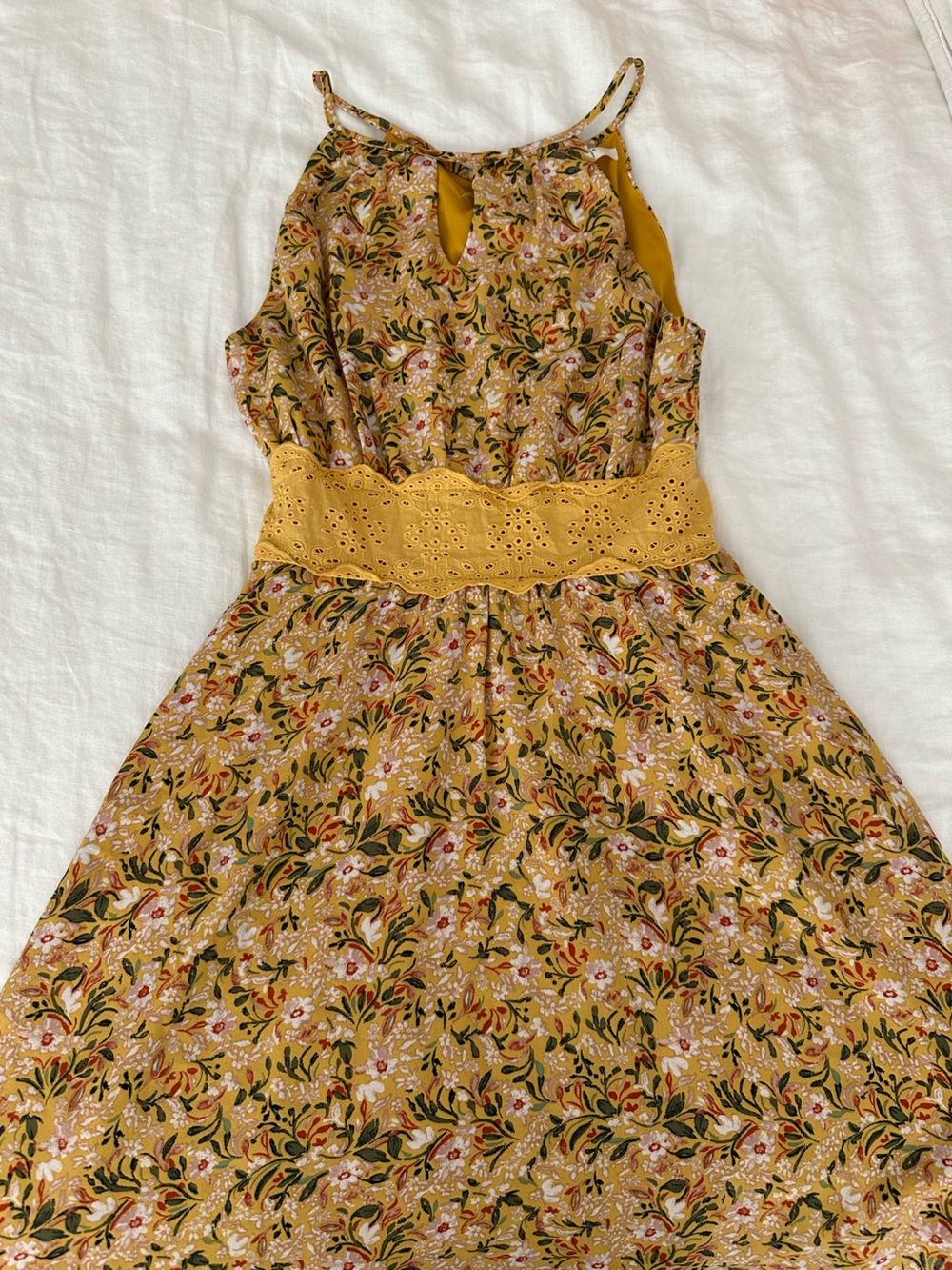 Francesca's Collections Mustard Floral Eyelet Waist Sun Dress